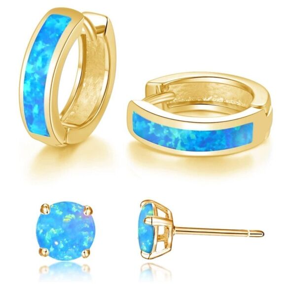 14K Yellow Gold with Genuine Blue Fire Opal Huggie and Stud Earrings Set of 2 - Picture 1 of 5